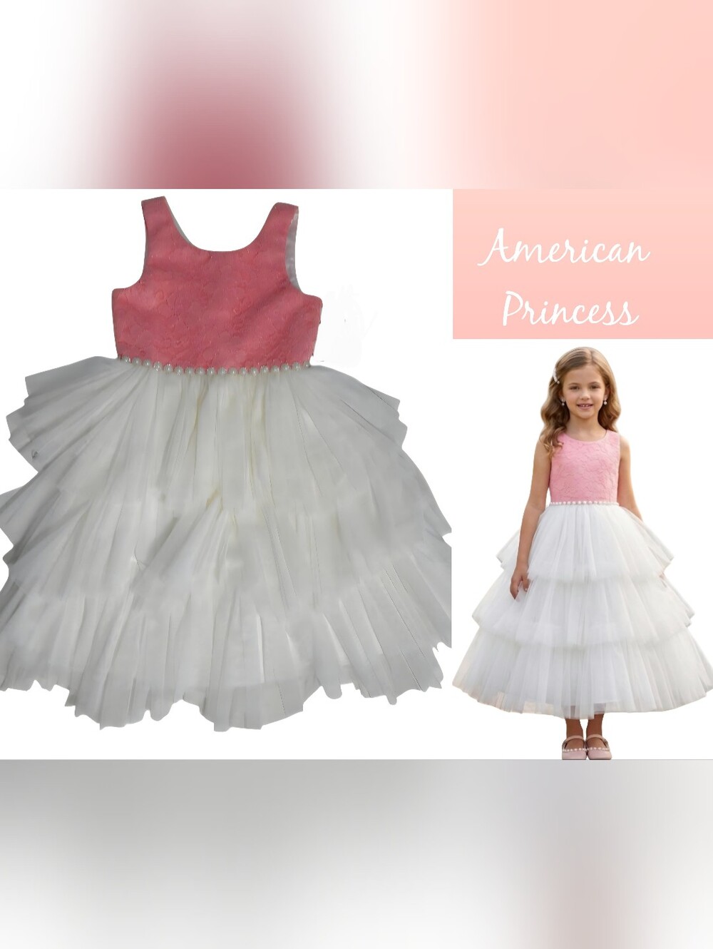 American Princess Pink Bodice White Tiered Tulle Flower Girl Dress
